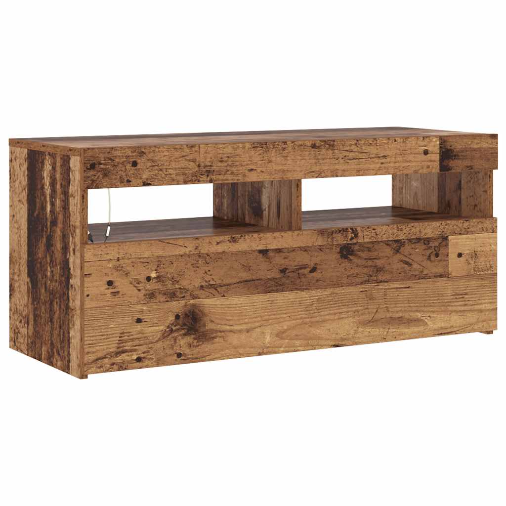 tv-bord m. LED-lys 90x35x40 cm konstrueret træ antikt træ