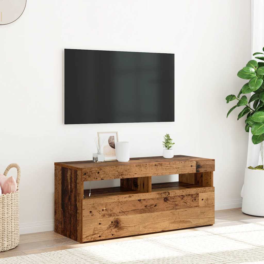 tv-bord m. LED-lys 90x35x40 cm konstrueret træ antikt træ