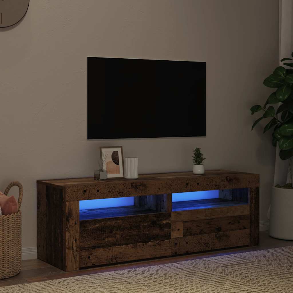 tv-bord m. LED-lys 120x35x40 cm konstrueret træ antikt træ