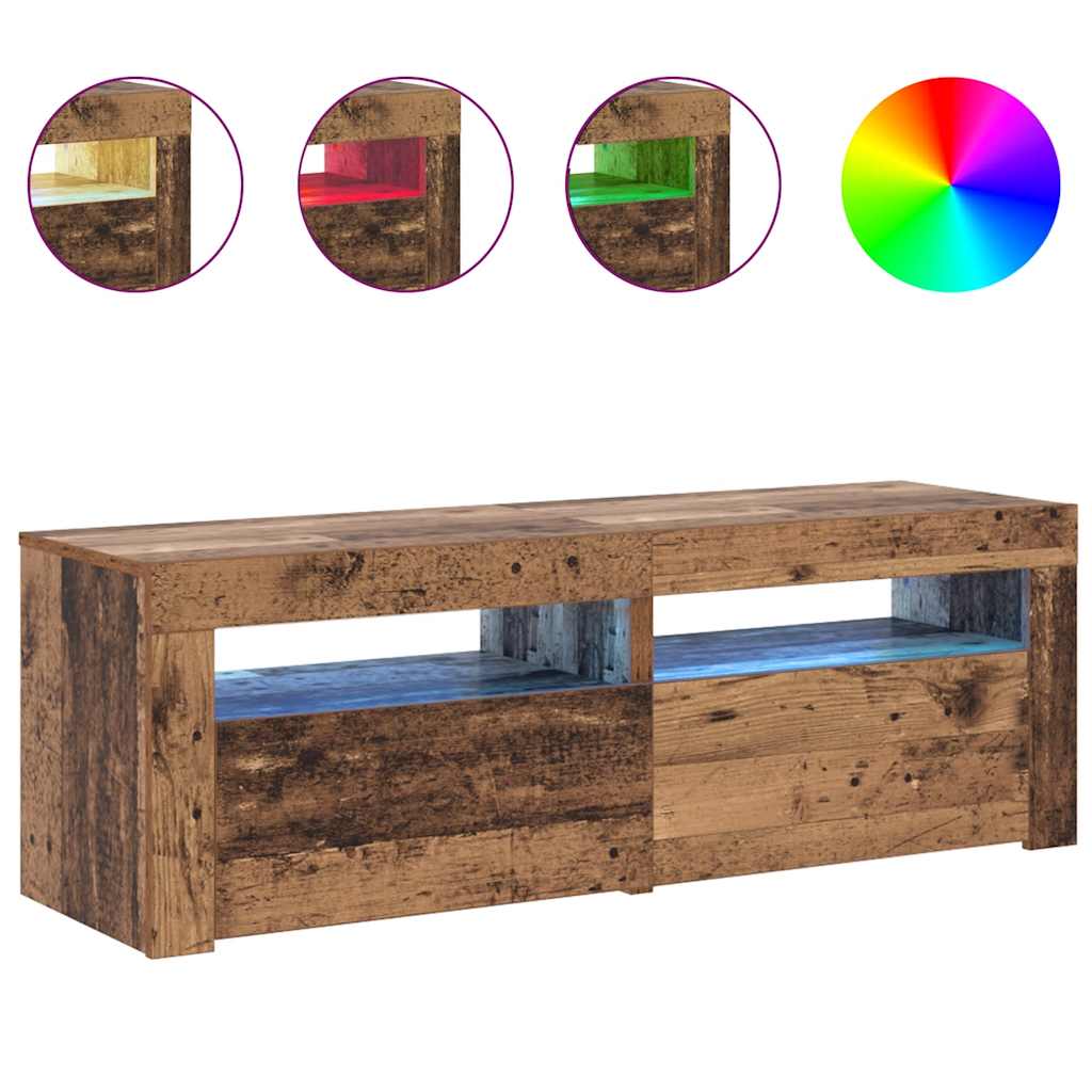 tv-bord m. LED-lys 120x35x40 cm konstrueret træ antikt træ