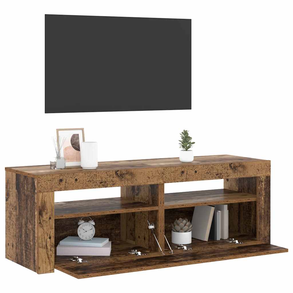 tv-bord m. LED-lys 120x35x40 cm konstrueret træ antikt træ