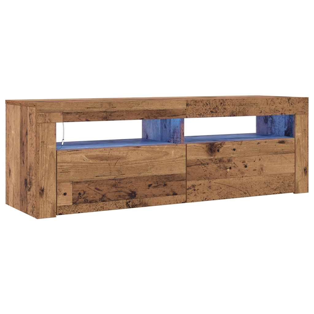 tv-bord m. LED-lys 120x35x40 cm konstrueret træ antikt træ