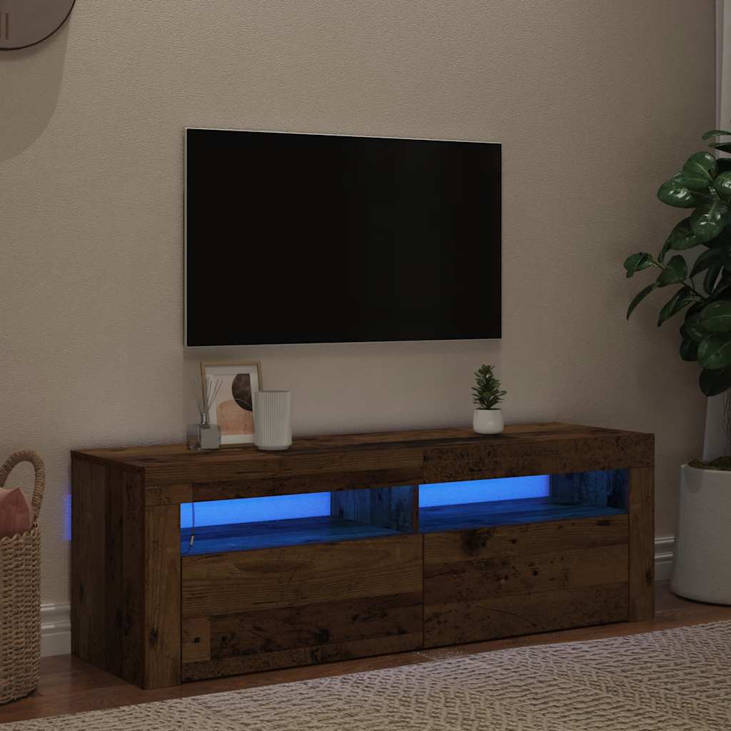 tv-bord m. LED-lys 120x35x40 cm konstrueret træ antikt træ