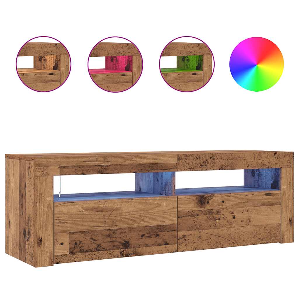 tv-bord m. LED-lys 120x35x40 cm konstrueret træ antikt træ