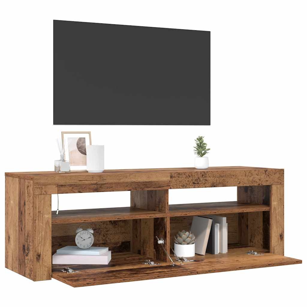 tv-bord m. LED-lys 120x35x40 cm konstrueret træ antikt træ