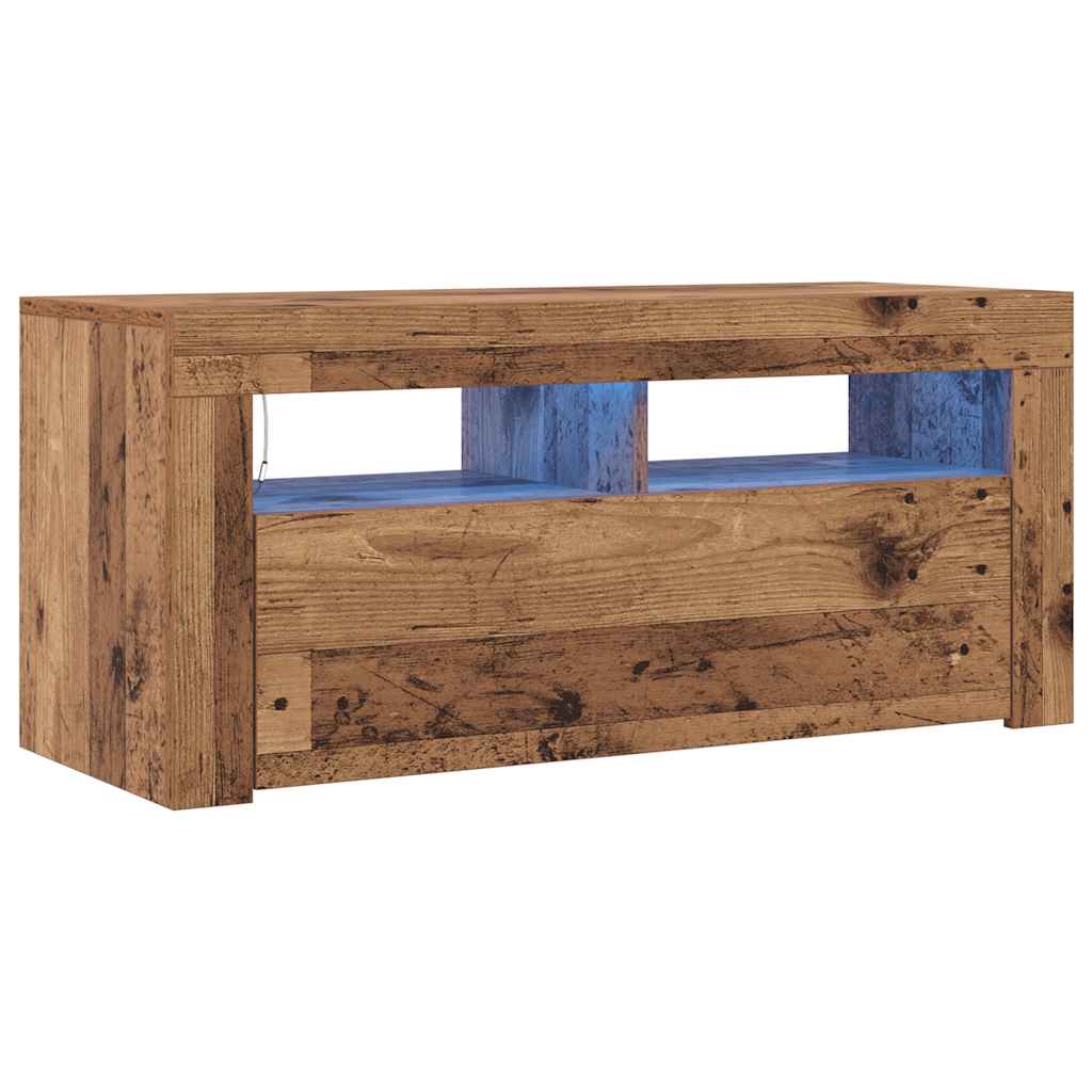 tv-bord m. LED-lys 90x35x40 cm konstrueret træ antikt træ