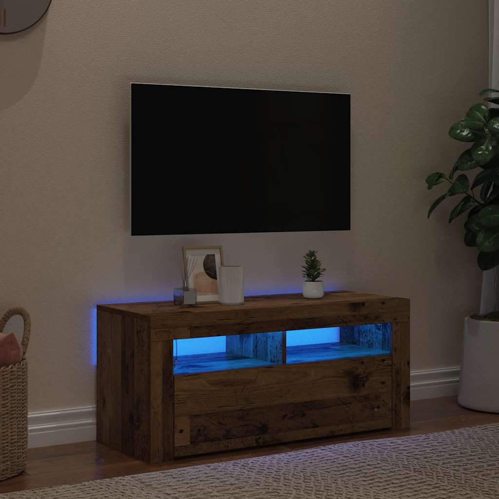 tv-bord m. LED-lys 90x35x40 cm konstrueret træ antikt træ