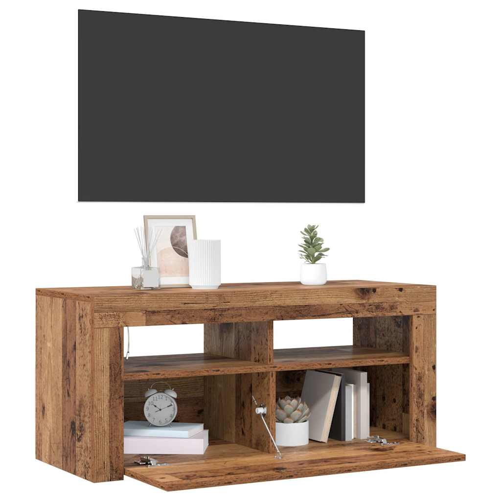 tv-bord m. LED-lys 90x35x40 cm konstrueret træ antikt træ