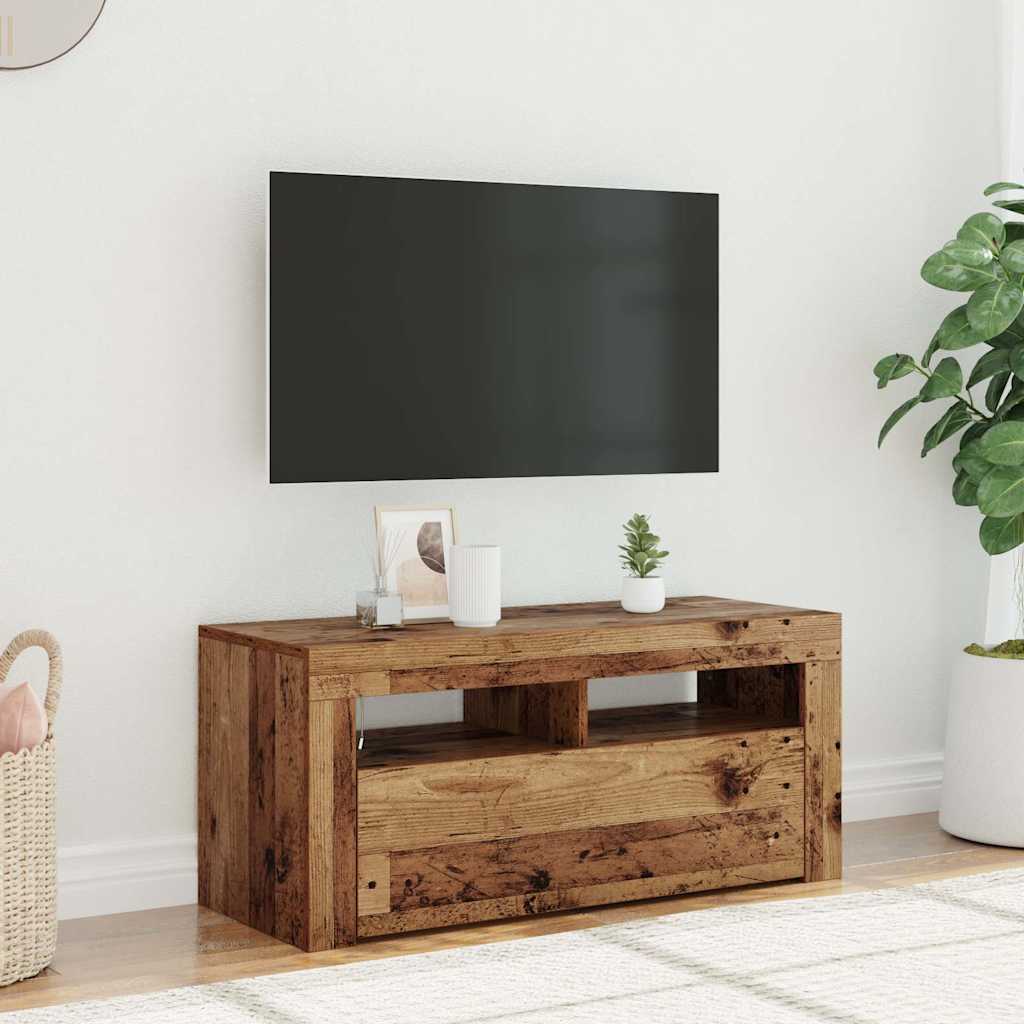 tv-bord m. LED-lys 90x35x40 cm konstrueret træ antikt træ
