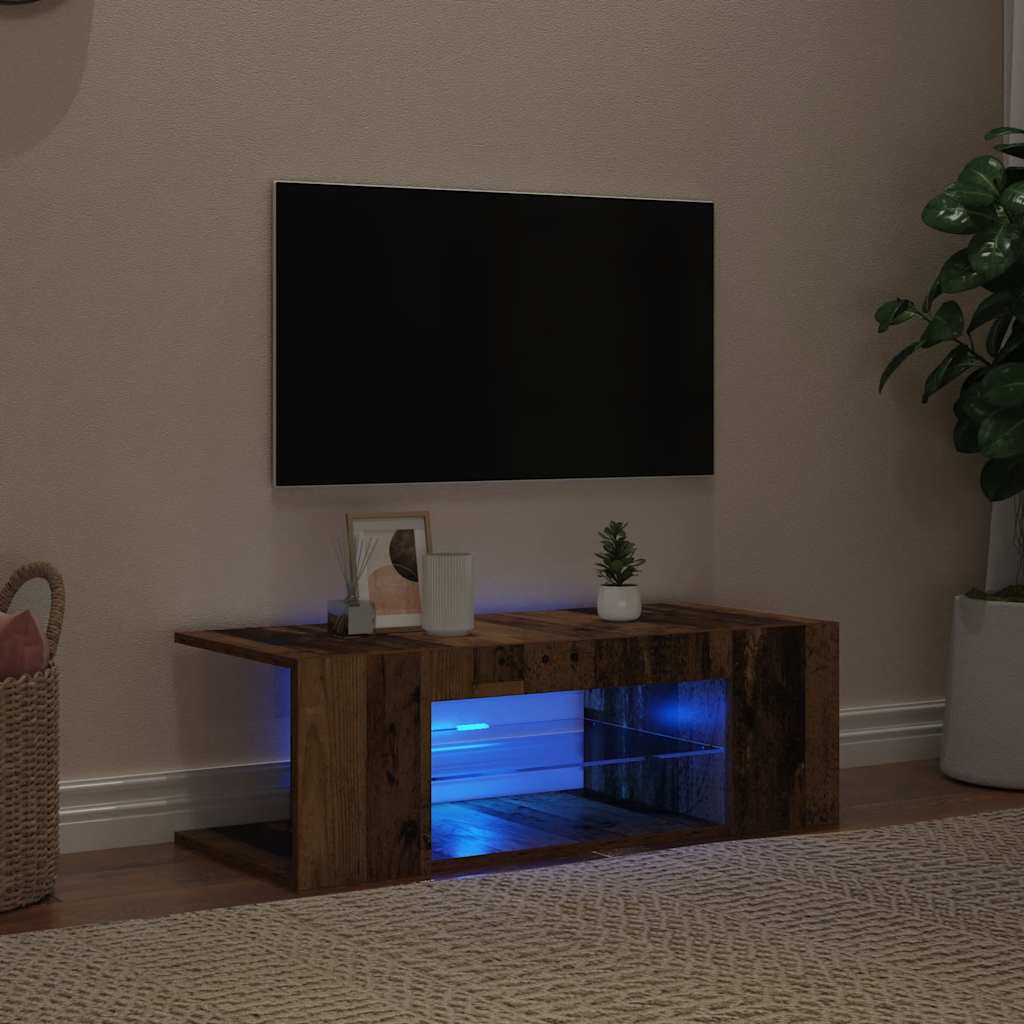 tv-bord m. LED-lys 90x39x30 cm konstrueret træ antikt træ