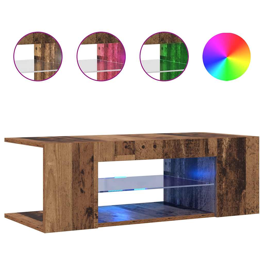 tv-bord m. LED-lys 90x39x30 cm konstrueret træ antikt træ