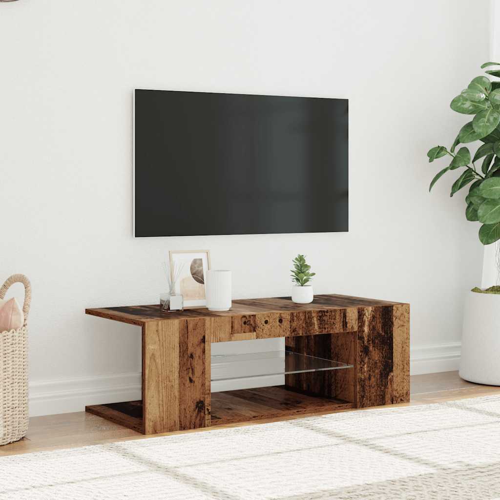tv-bord m. LED-lys 90x39x30 cm konstrueret træ antikt træ