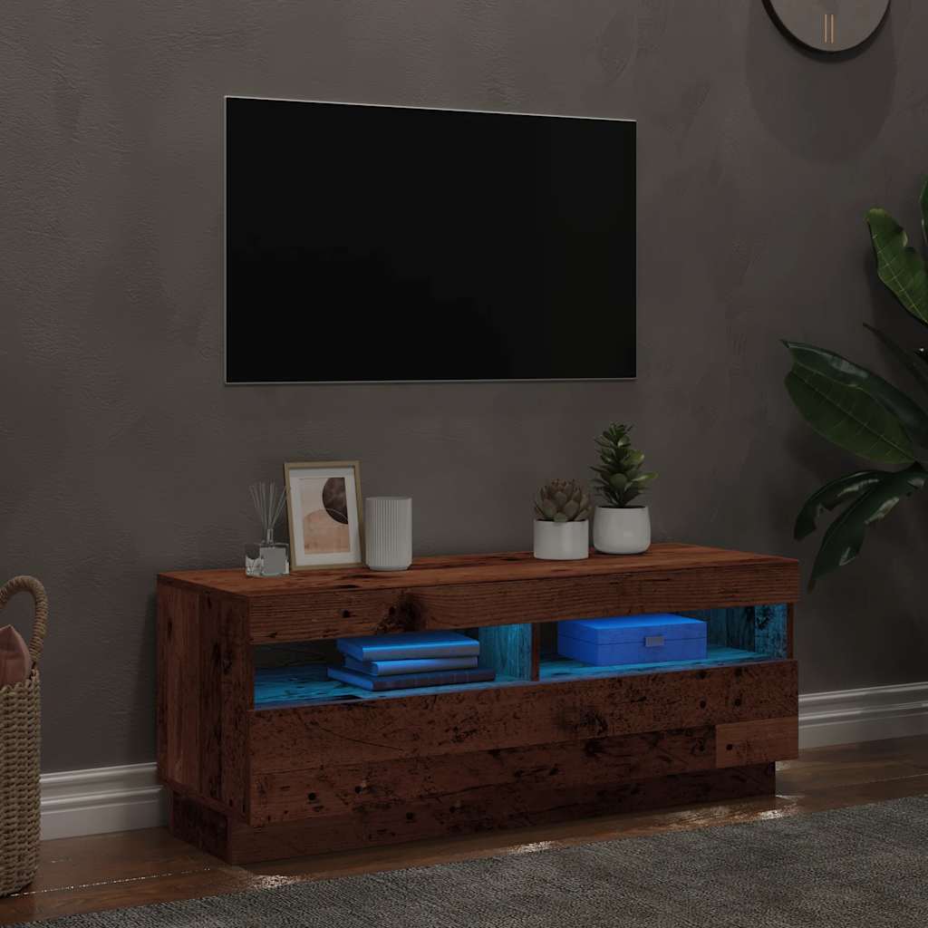 tv-bord m. LED-lys 100x35x40 cm konstrueret træ antikt træ