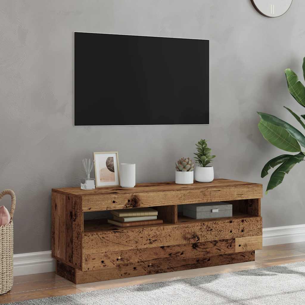 tv-bord m. LED-lys 100x35x40 cm konstrueret træ antikt træ