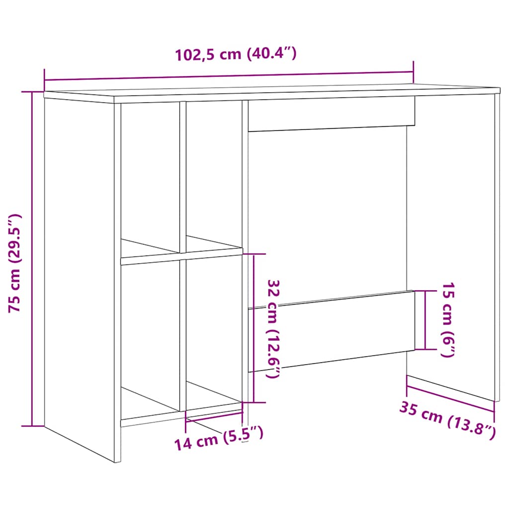skrivebord 102,5x35x75 cm konstrueret træ antikt træ