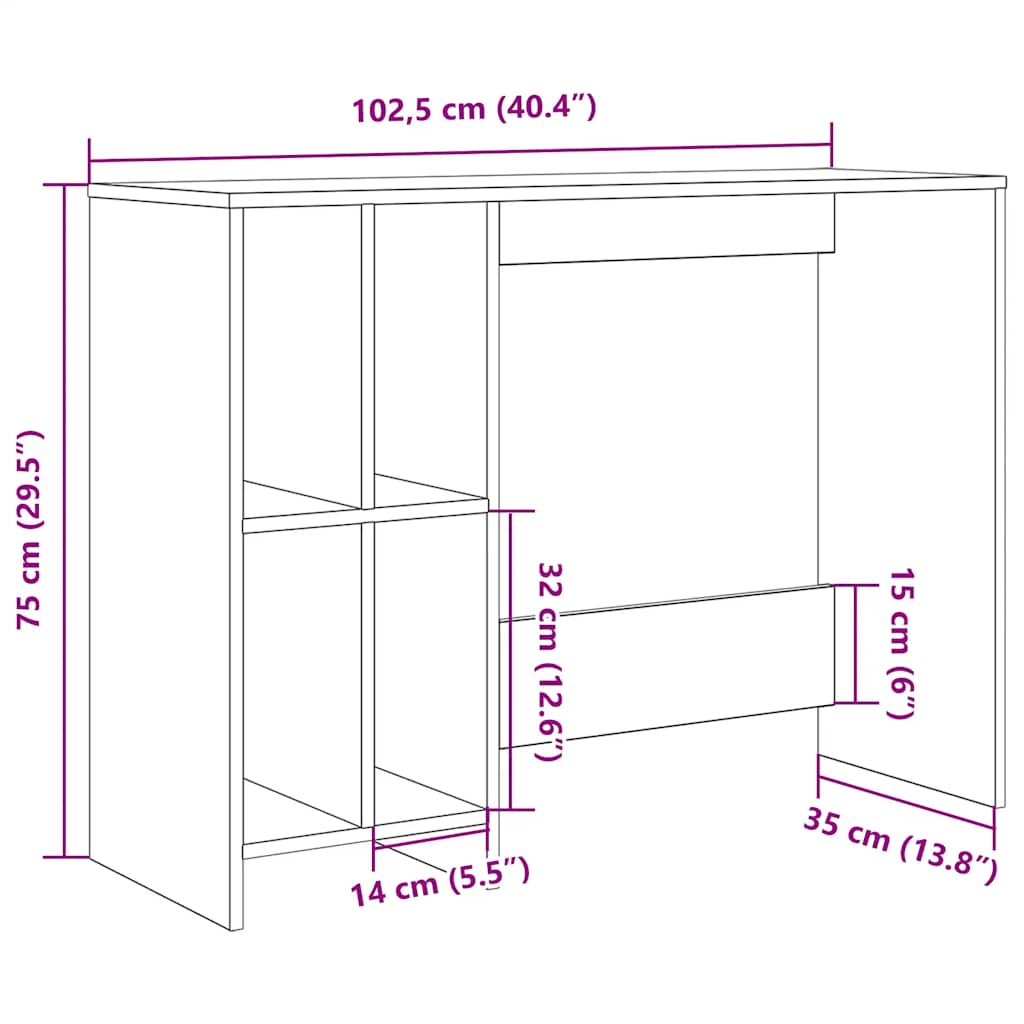 skrivebord 102,5x35x75 cm konstrueret træ kunsteg