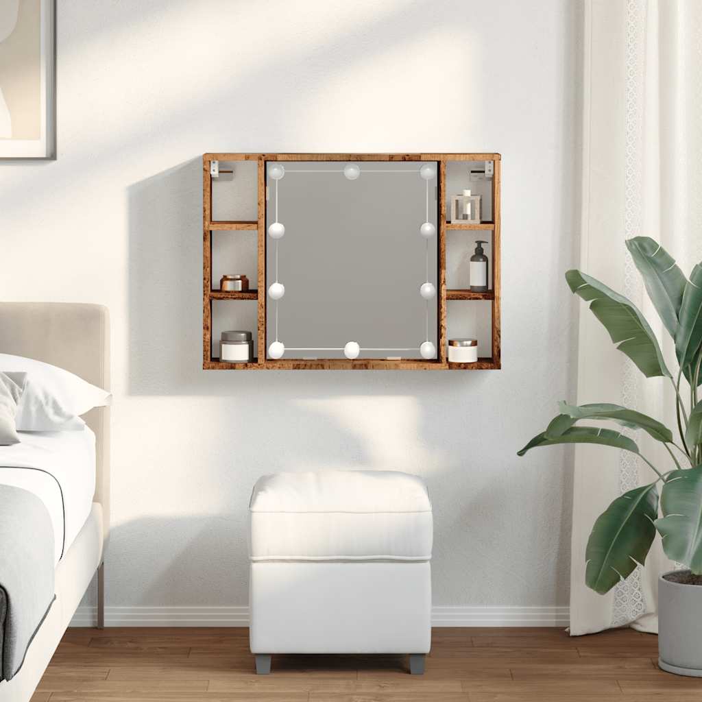 spejlskab med LED-lys 76x15x55 cm konstrueret træ antikt træ