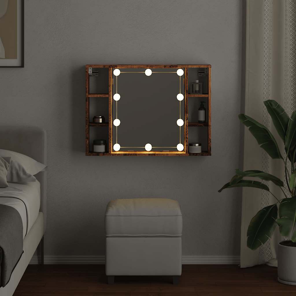 spejlskab med LED-lys 76x15x55 cm konstrueret træ antikt træ