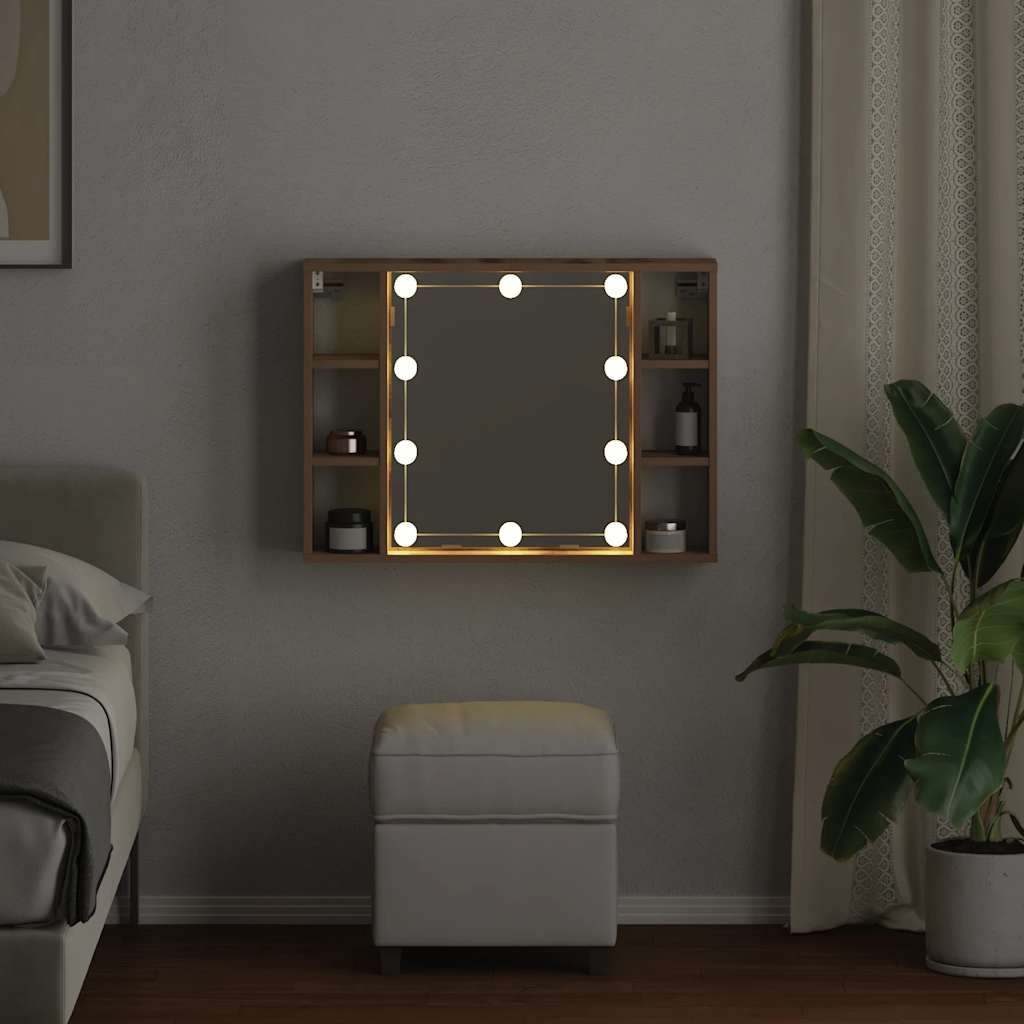 spejlskab med LED-lys 76x15x55 cm konstrueret træ kunsteg