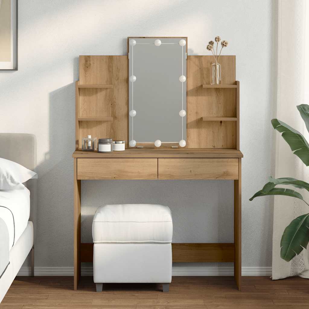 makeupbord med LED-lys 96x40x142 cm kunsteg