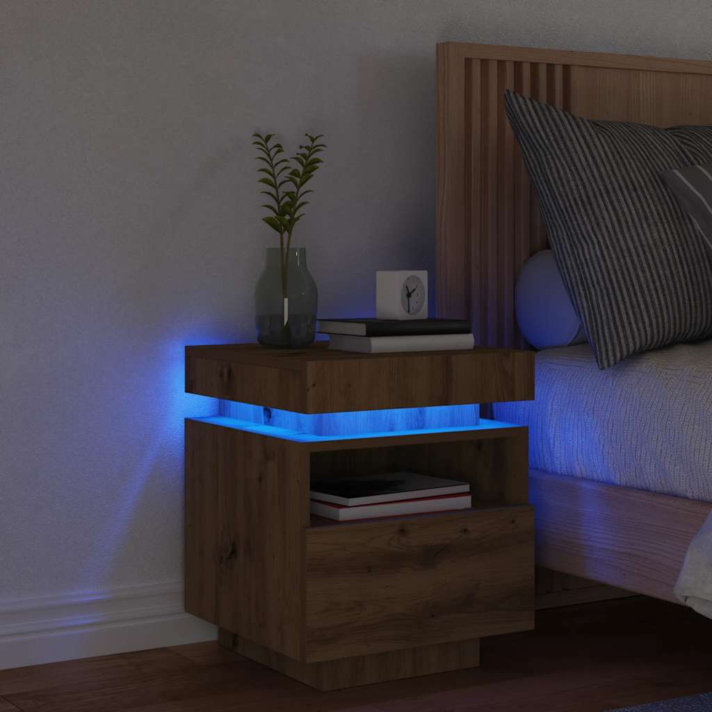 sengebord med LED-lys 40x39x48,5 cm kunsteg