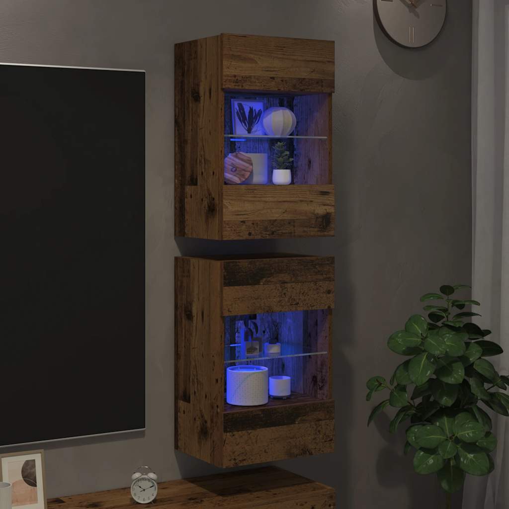 væghængte skabe til TV 2 stk. med LED-lys 40x30x60,5 cm antikt træ
