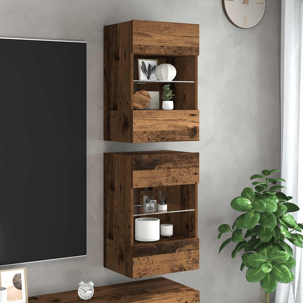 væghængte skabe til TV 2 stk. med LED-lys 40x30x60,5 cm antikt træ