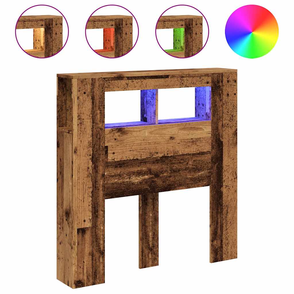 sengegavl med LED 100x18,5x103,5 cm konstrueret træ antikt træ