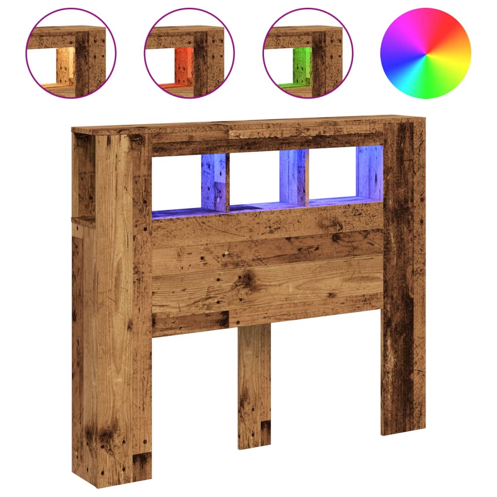 sengegavl med LED 120x18,5x103,5 cm konstrueret træ antikt træ