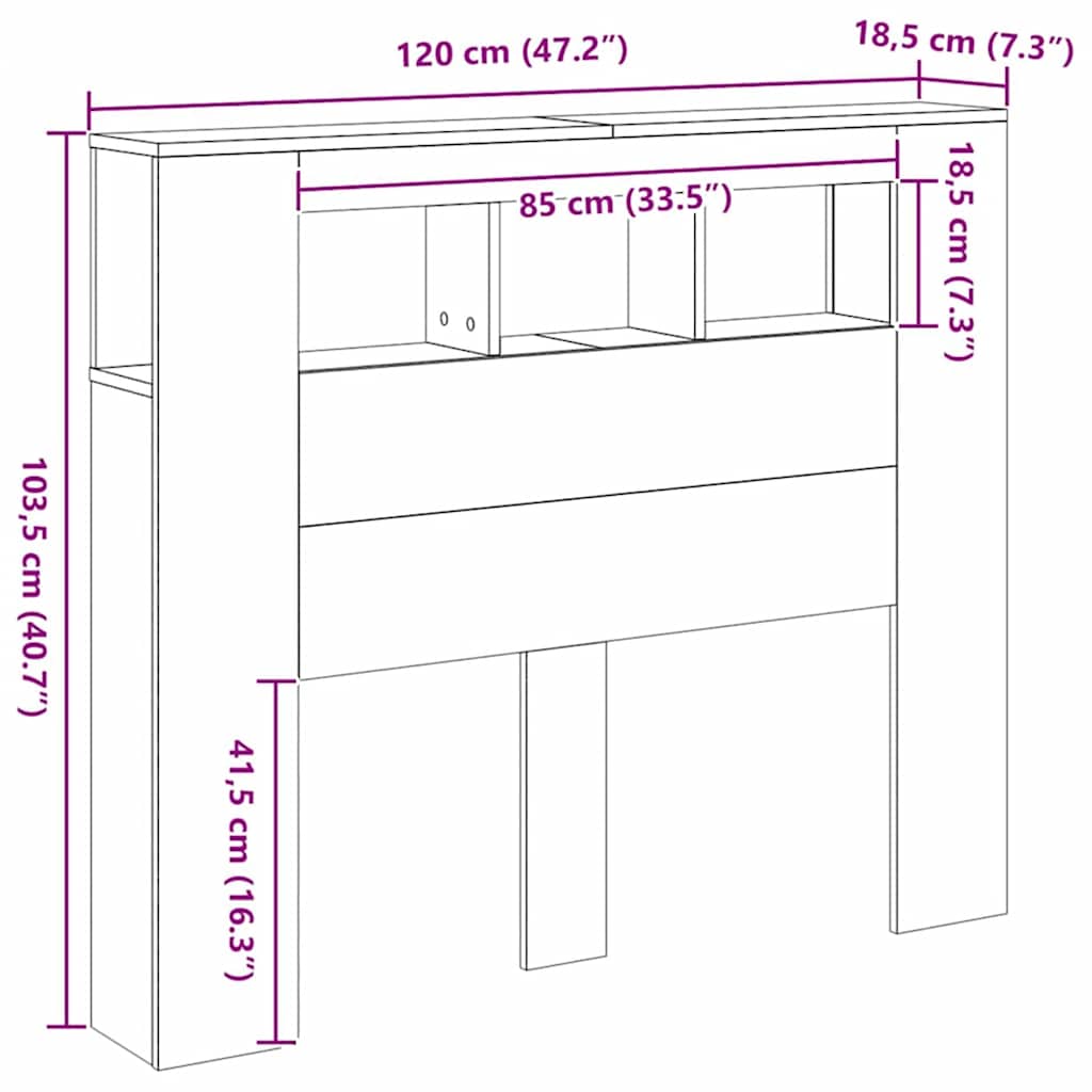 sengegavl m. LED-lys 120x18,5x103,5 cm konstrueret træ kunsteg