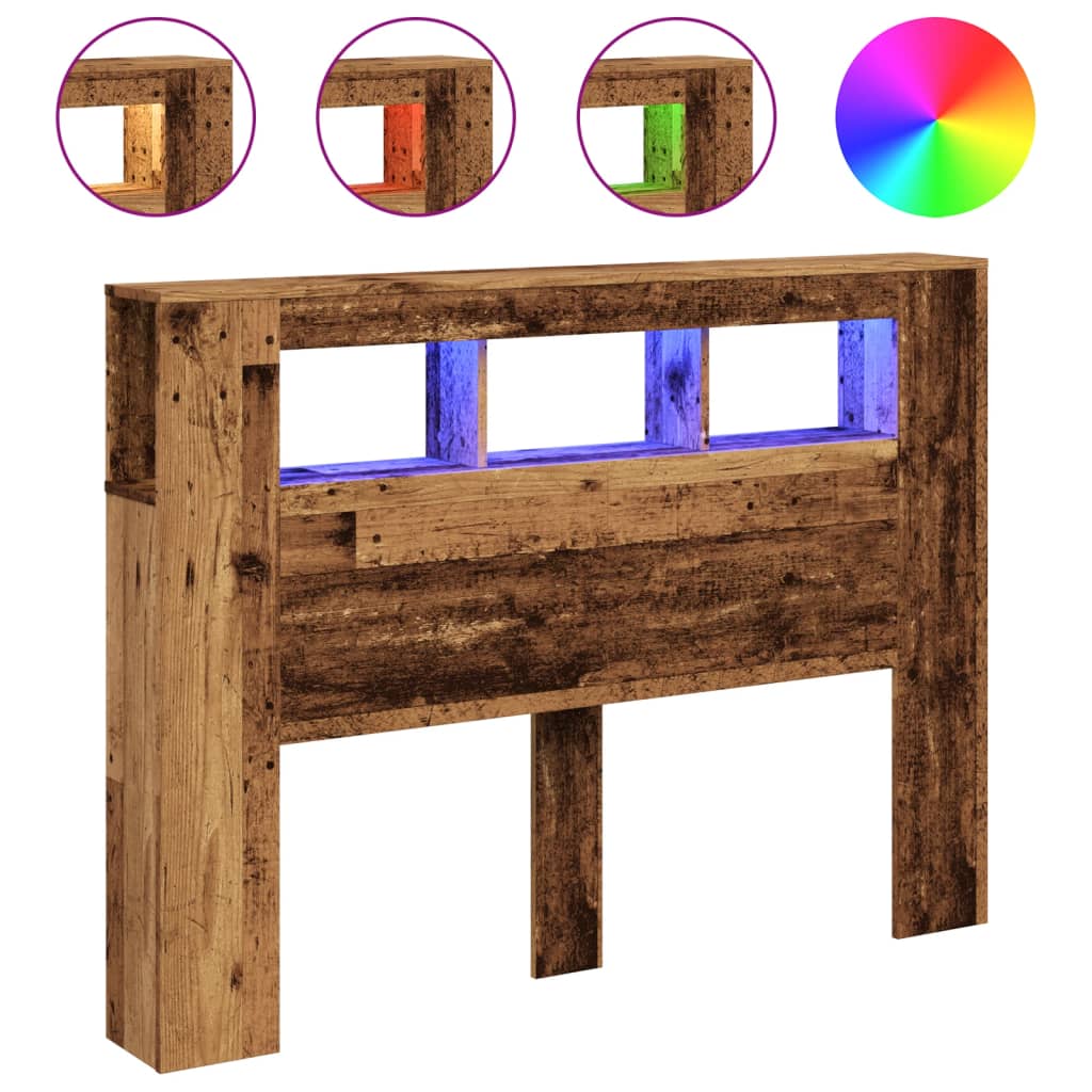 sengegavl med LED 140x18,5x103,5 cm konstrueret træ antikt træ
