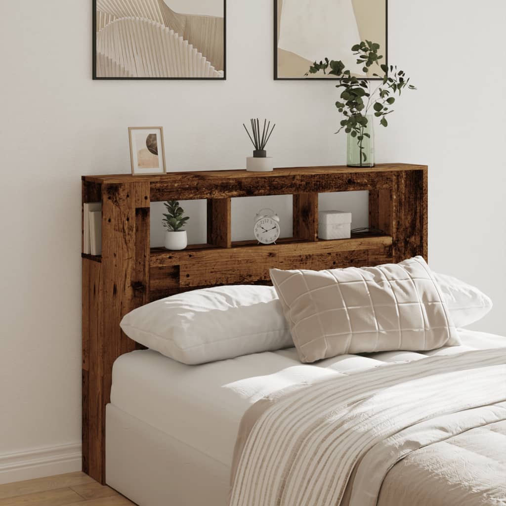sengegavl med LED 140x18,5x103,5 cm konstrueret træ antikt træ