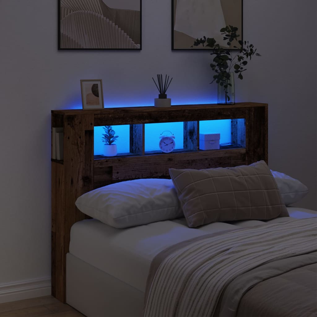 sengegavl med LED 140x18,5x103,5 cm konstrueret træ antikt træ
