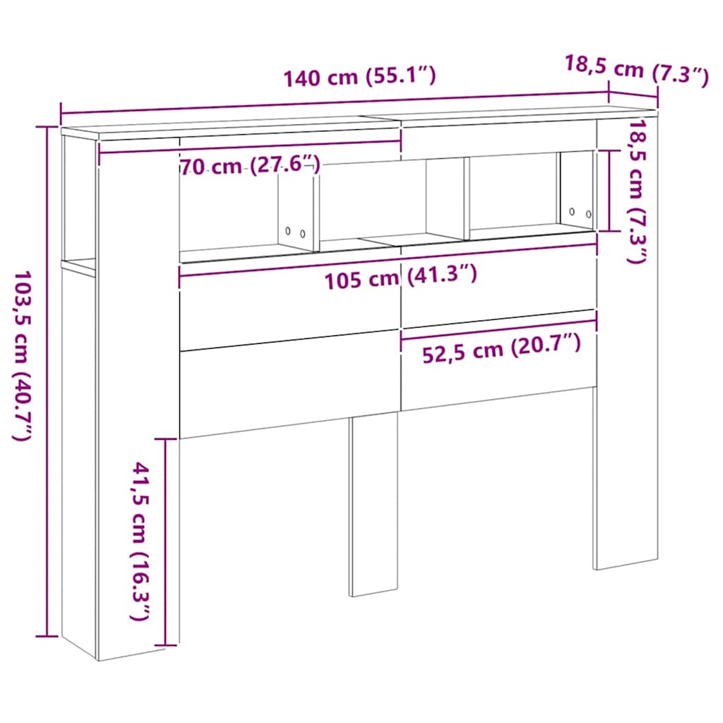 sengegavl m. LED-lys 140x18,5x103,5 cm konstrueret træ kunsteg