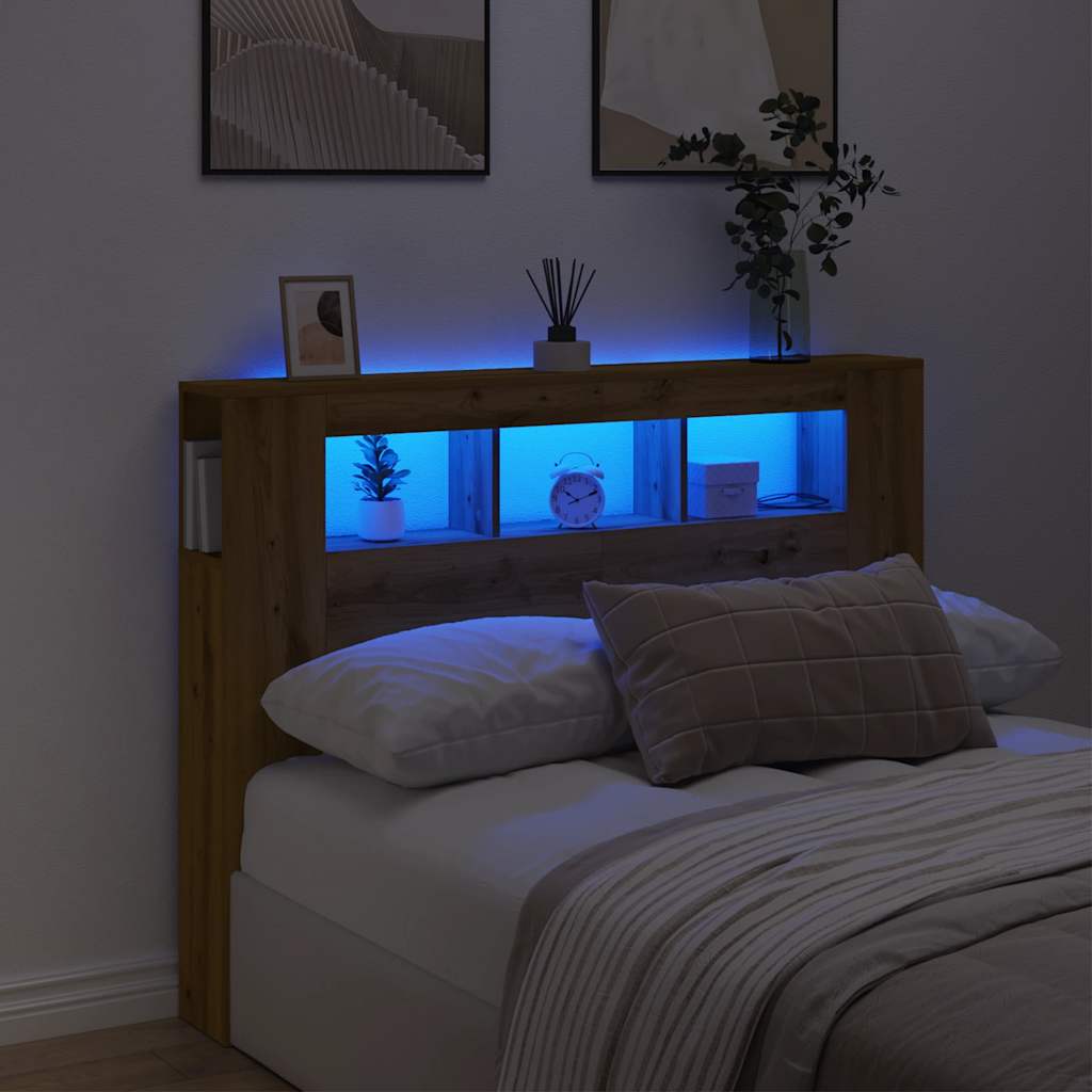 sengegavl m. LED-lys 140x18,5x103,5 cm konstrueret træ kunsteg