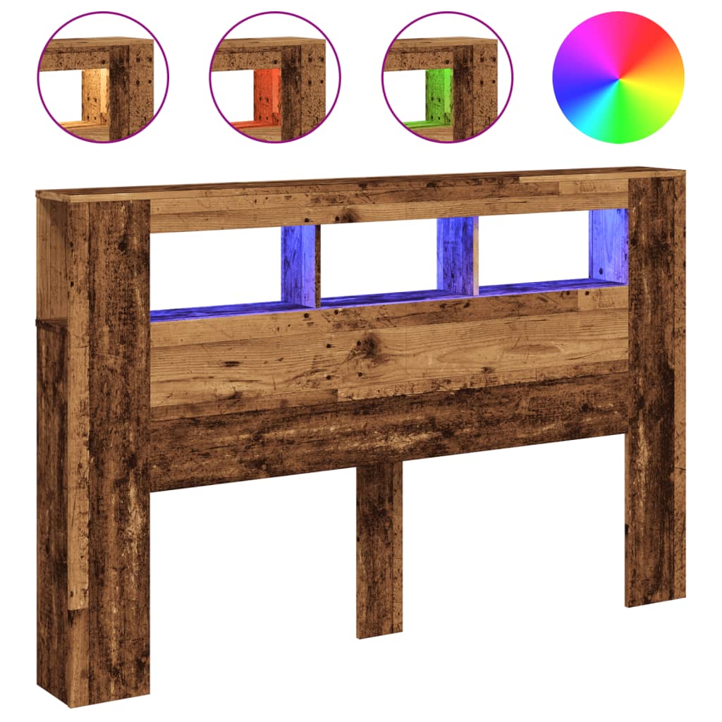 sengegavl med LED 160x18,5x103,5 cm konstrueret træ antikt træ
