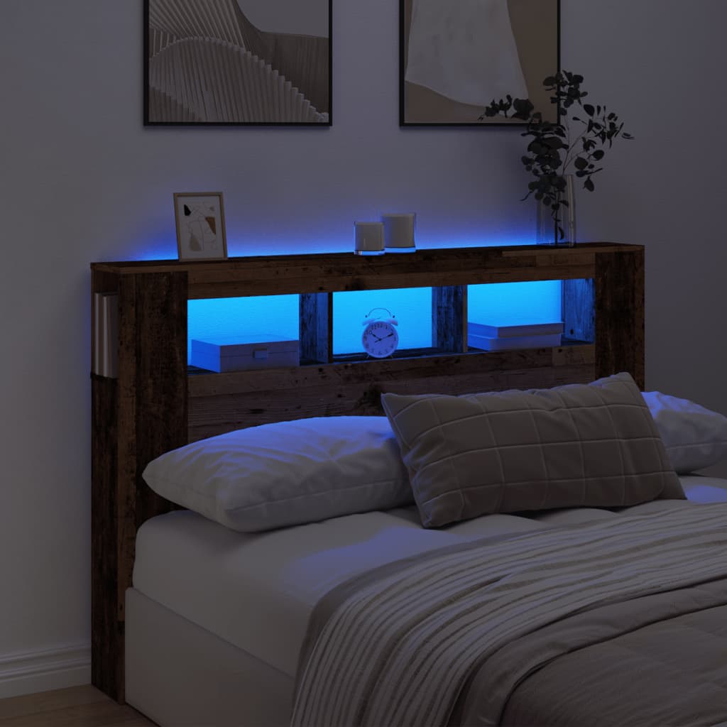 sengegavl med LED 160x18,5x103,5 cm konstrueret træ antikt træ