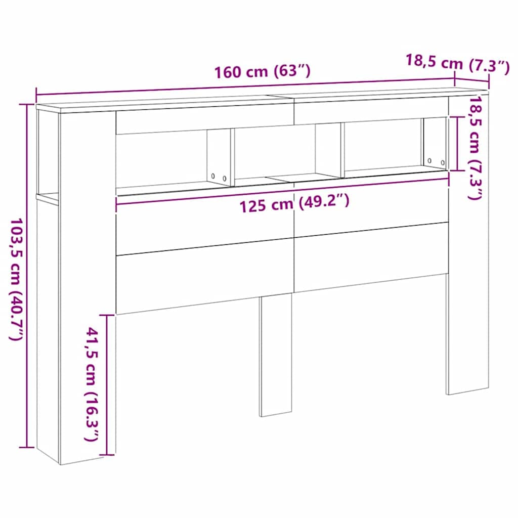 sengegavl m. LED-lys 160x18,5x103,5 cm konstrueret træ kunsteg