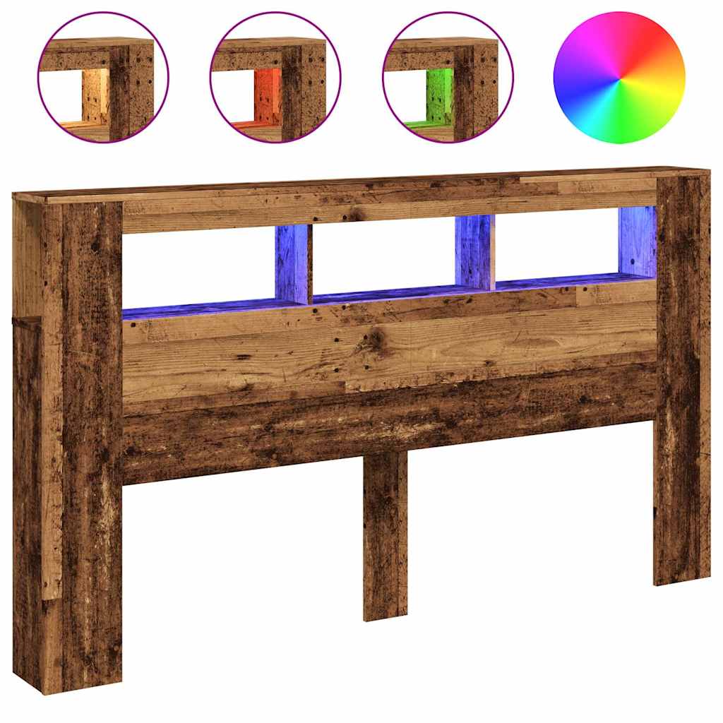 sengegavl med LED 180x18,5x103,5 cm konstrueret træ antikt træ