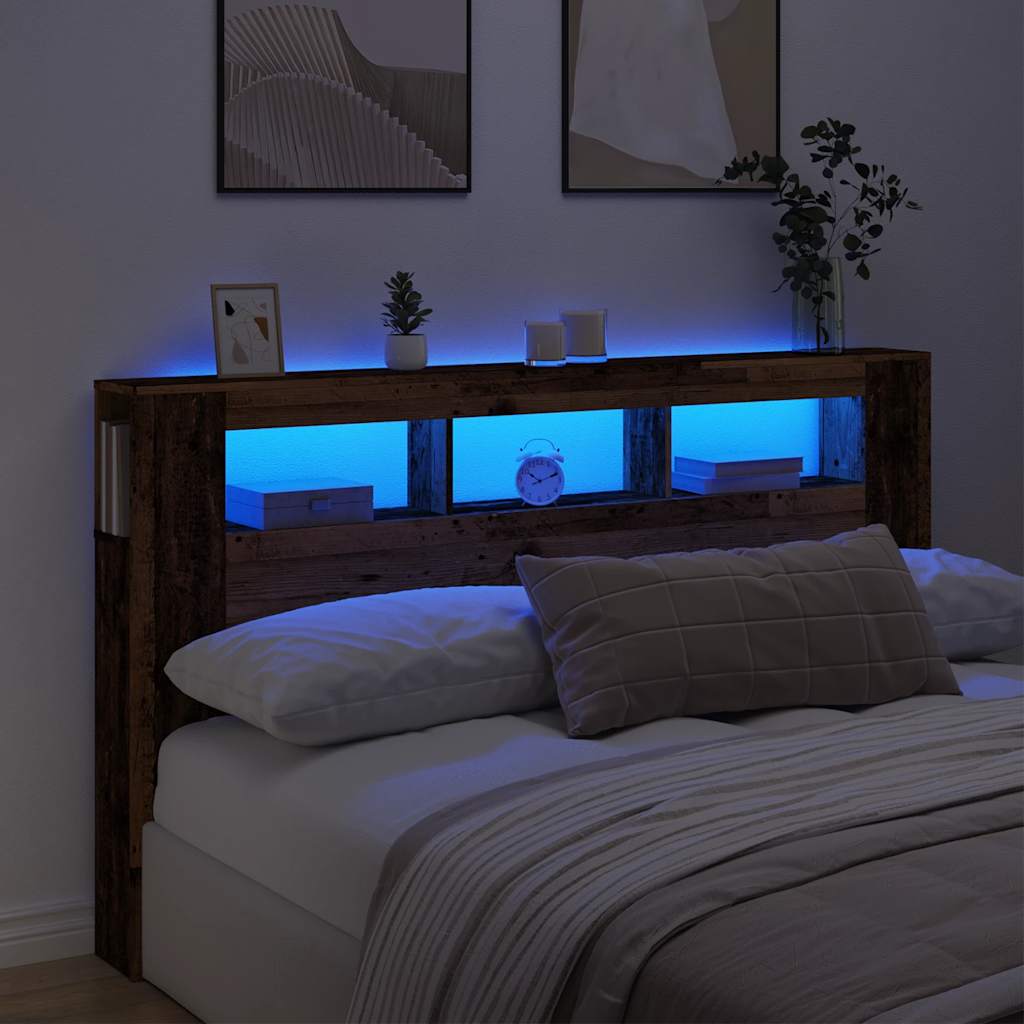 sengegavl med LED 180x18,5x103,5 cm konstrueret træ antikt træ