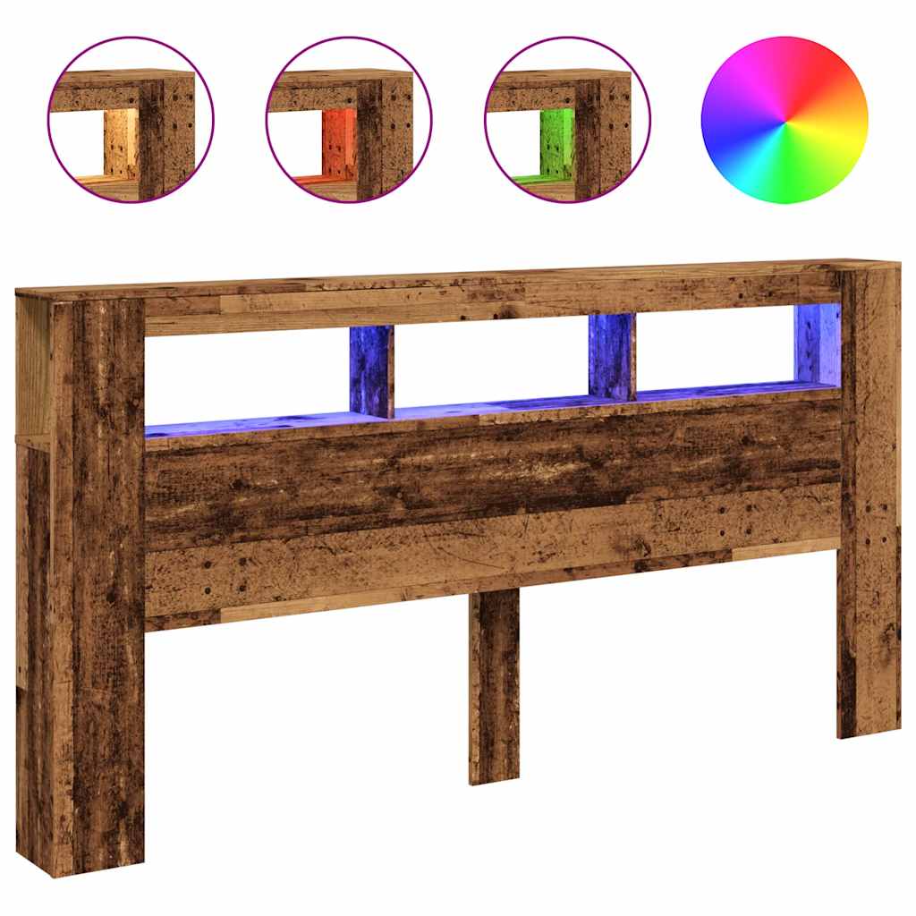 sengegavl med LED 200x18,5x103,5 cm konstrueret træ antikt træ
