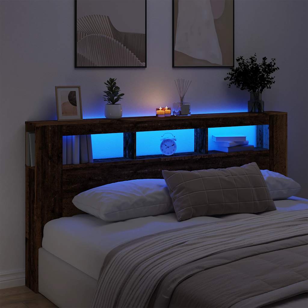 sengegavl med LED 200x18,5x103,5 cm konstrueret træ antikt træ