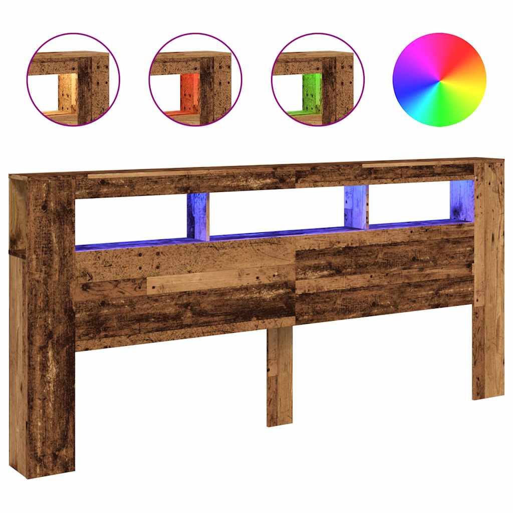 sengegavl med LED 220x18,5x103,5 cm konstrueret træ antikt træ