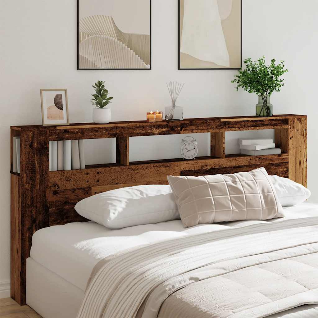 sengegavl med LED 220x18,5x103,5 cm konstrueret træ antikt træ