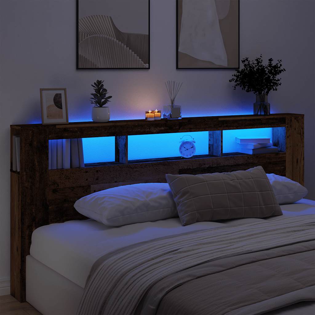 sengegavl med LED 220x18,5x103,5 cm konstrueret træ antikt træ