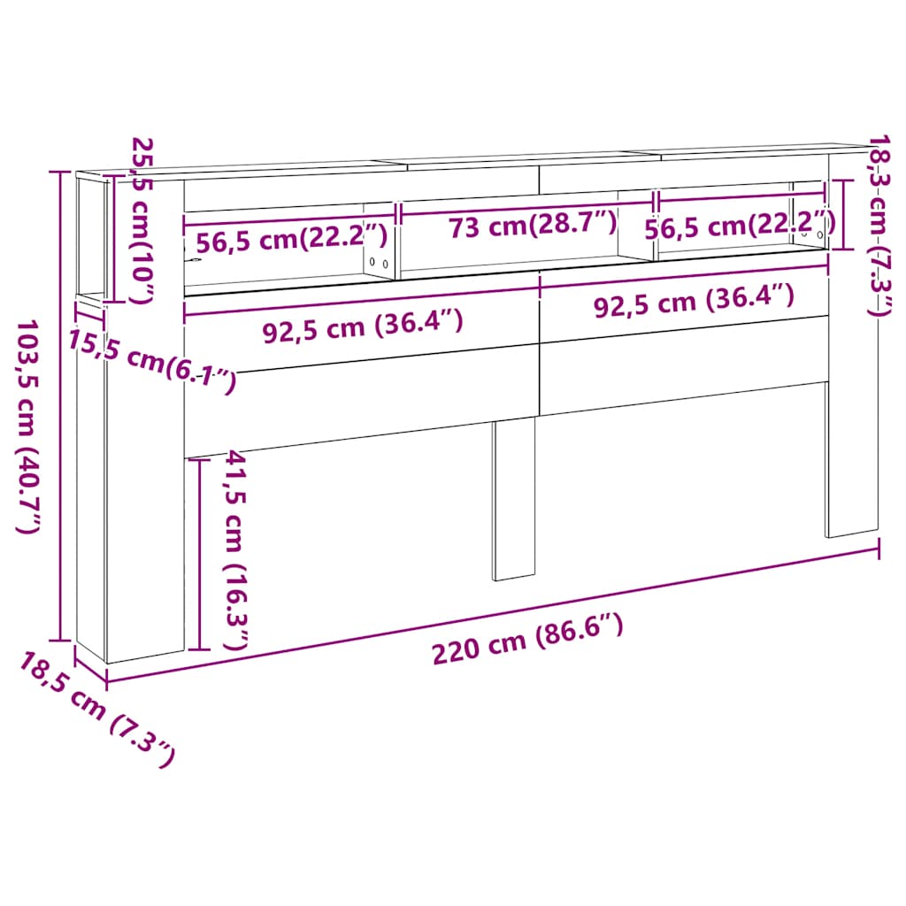 sengegavl m. LED-lys 220x18,5x103,5 cm konstrueret træ kunsteg