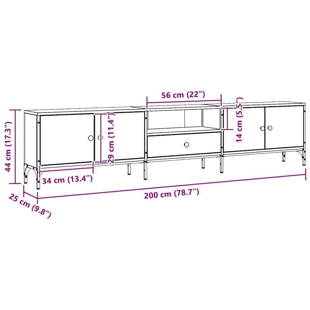 tv-bord med skuffe 200x25x44 cm konstrueret træ kunsteg