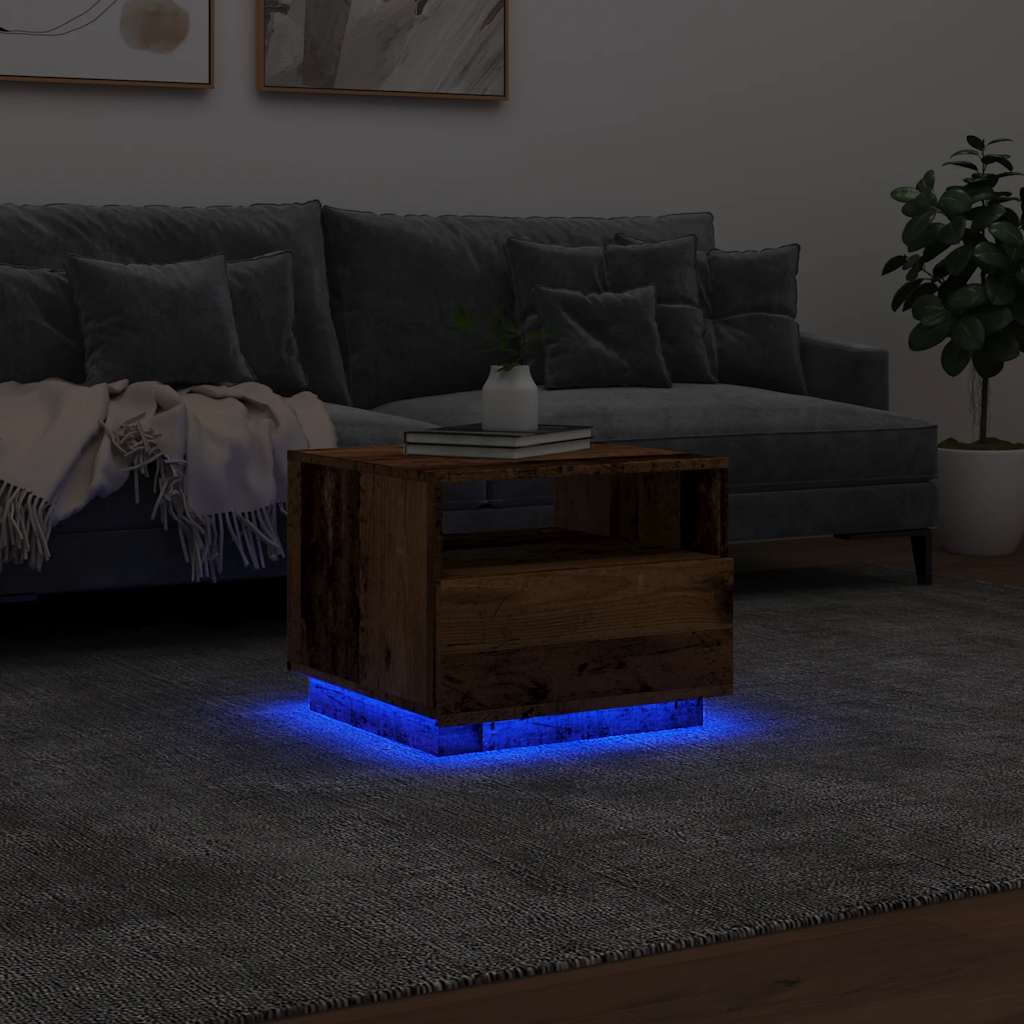 sofabord med LED-lys 50x49x40 cm gammelt træ-look