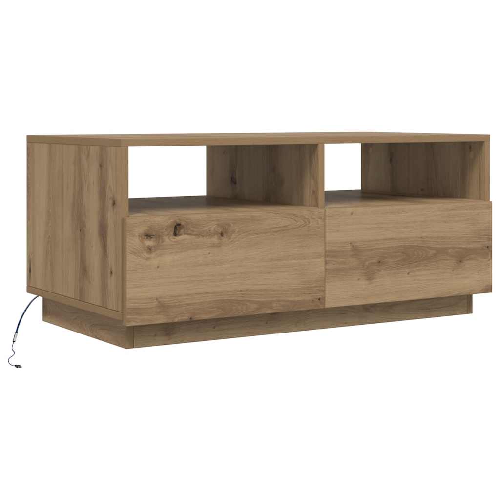 sofabord med LED-lys 90x49x40 cm egetræsfarvet