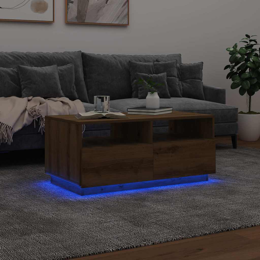 sofabord med LED-lys 90x49x40 cm egetræsfarvet
